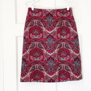 TALBOTS skirt size 2 red white paisley lined straight midi